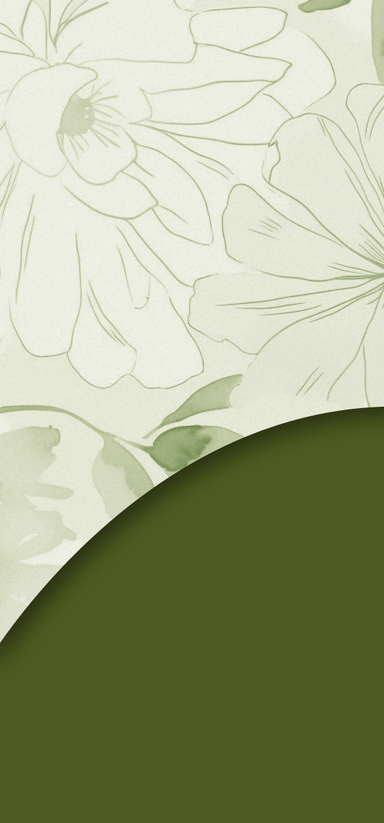 Immagine di sfondo neutro verde con una mezza luna con petali di fiore in trasparenza